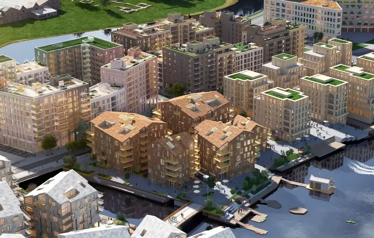 Illustrasjon av Bispevika sett ovenfra, med Sameiet Vannkunsten Syd sentralt ved vannkanten